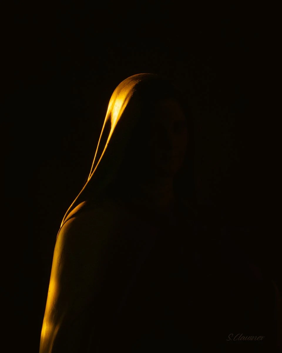 Silhouette d’une statue soulignée par une lumière dorée